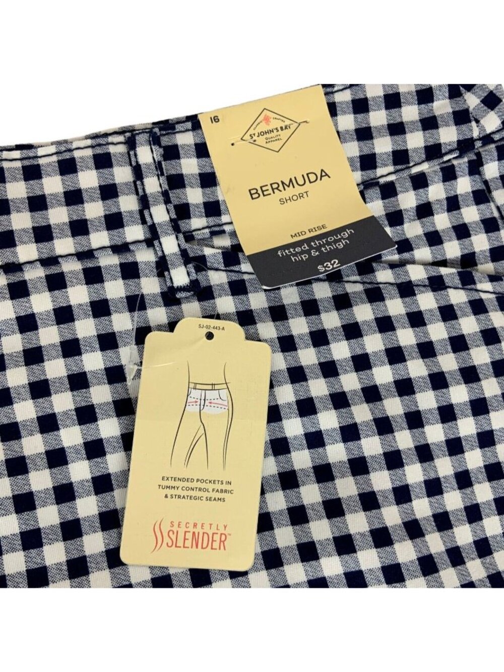 St Johns Bay Long Bermuda Short Sz 16 Blue White Gingham Check Secretly Slender - Picture 3 of 5